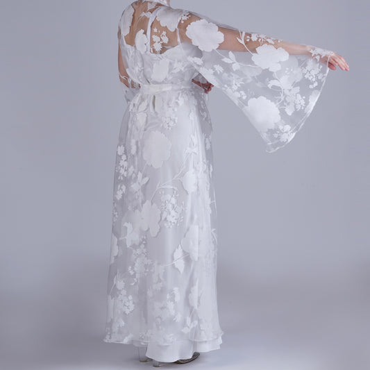 Handmade White Organza Robe with Floral Details