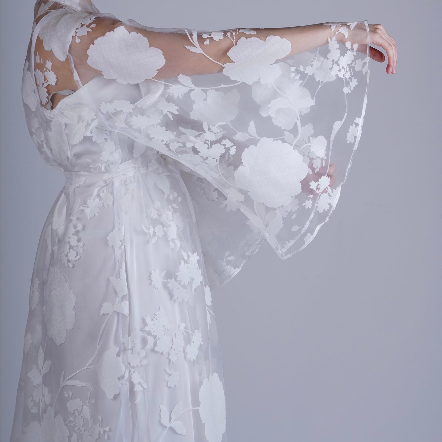 Handmade White Organza Robe with Floral Details