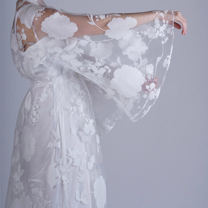 Handmade White Organza Robe with Floral Details