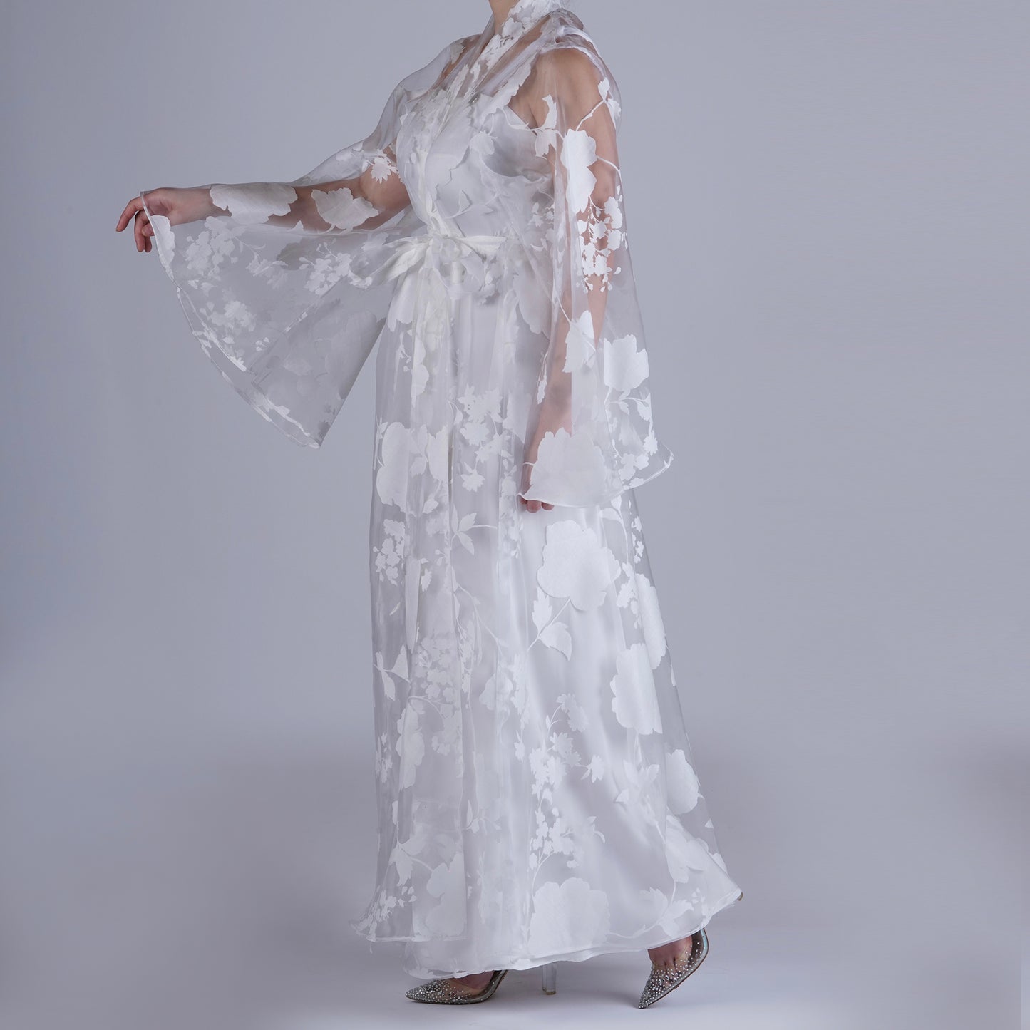 Handmade White Organza Robe with Floral Details