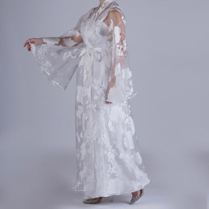 Handmade White Organza Robe with Floral Details
