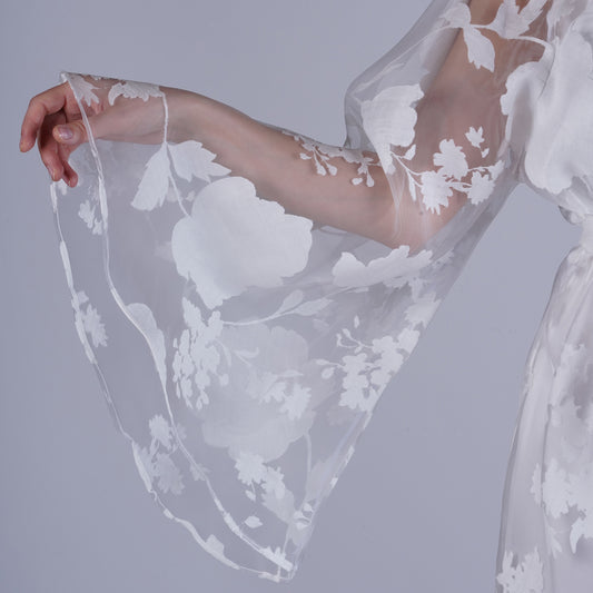 Handmade White Organza Robe with Floral Details