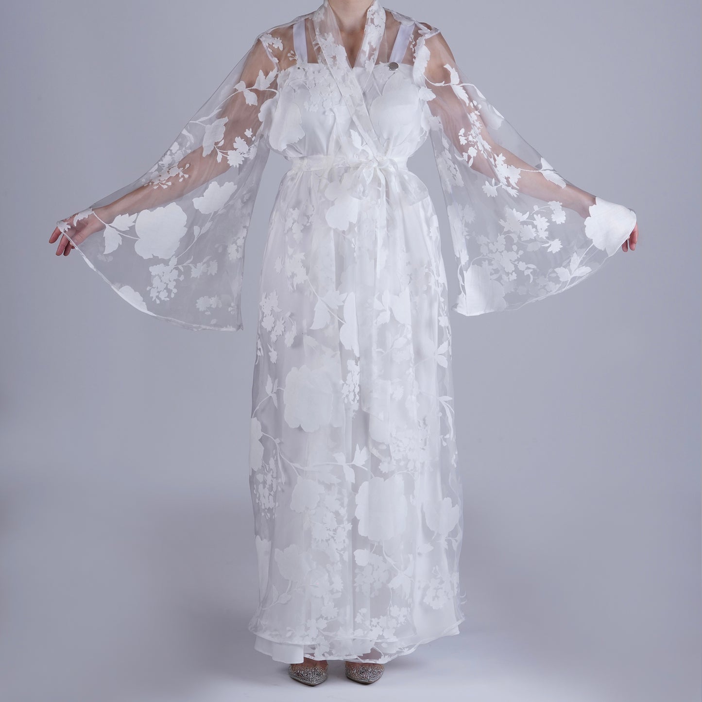 Handmade White Organza Robe with Floral Details