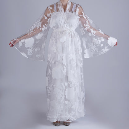 Handmade White Organza Robe with Floral Details