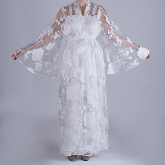 Handmade White Organza Robe with Floral Details