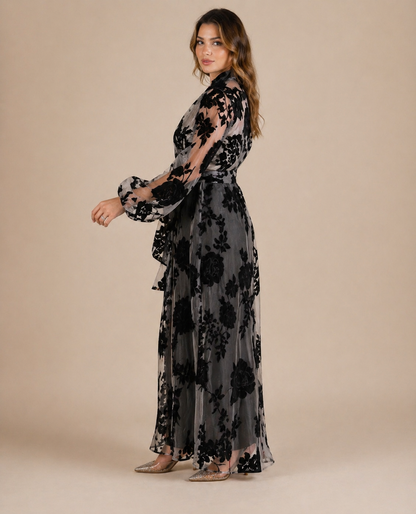 Handmade Black Organza Robe with Floral Details