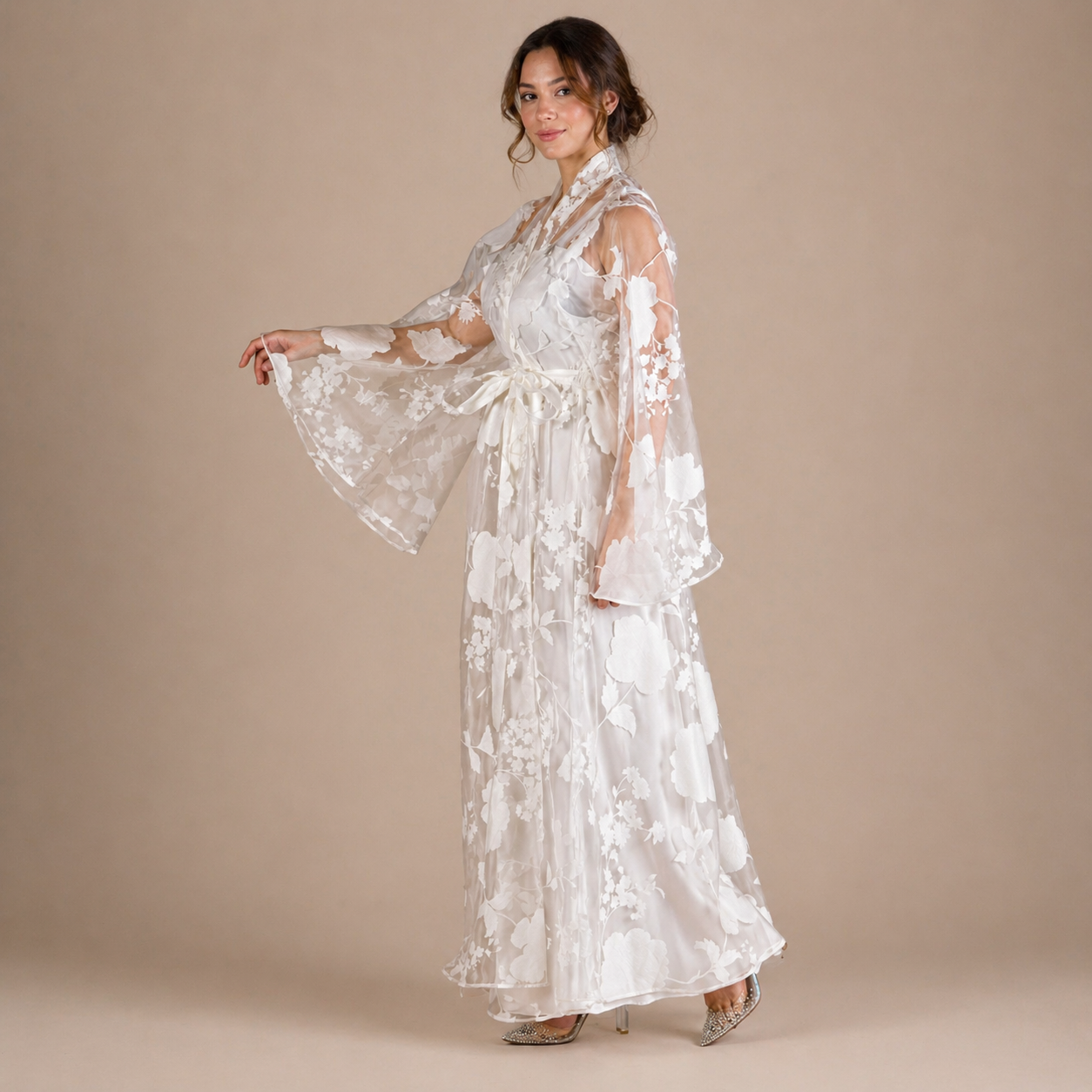 Handmade White Organza Robe with Floral Details