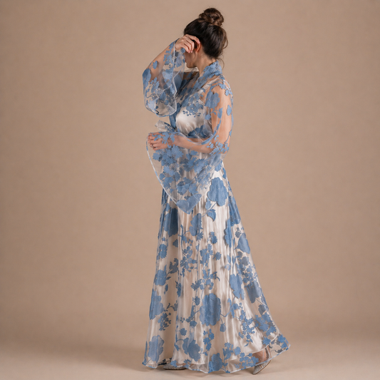 Handmade Blue Organza Robe with Floral Details