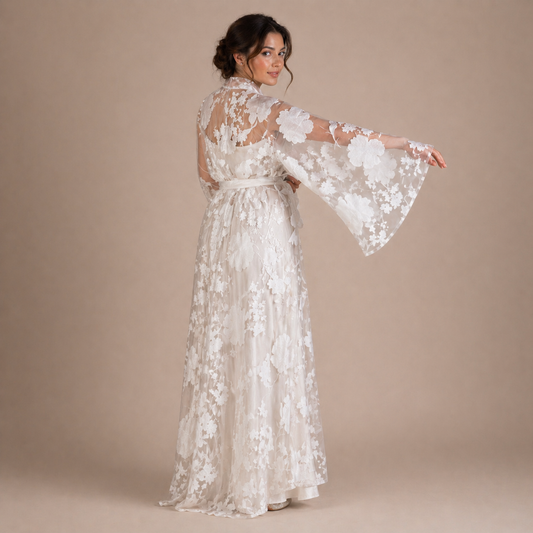 Handmade White Organza Robe with Floral Details