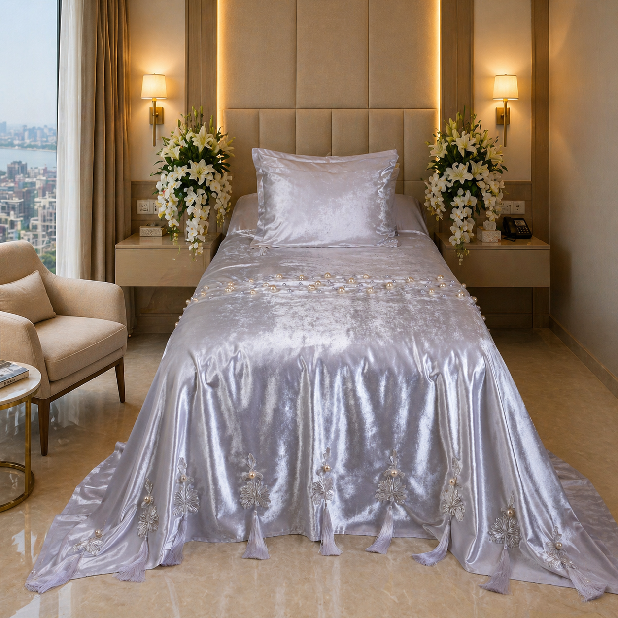 White Tassel Velvet Bedcover with Silk Embroidery, Pearls & Tassels - For Rent