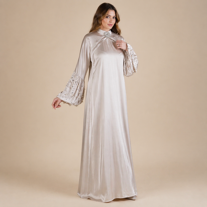 Crystal Silk Breastfeeding Gown with Hidden Access, Hand-Set Pearls & Crystals