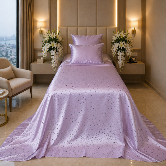 Crystal Pink Satin Bedcover with Hand-Set Crystals - For Rent