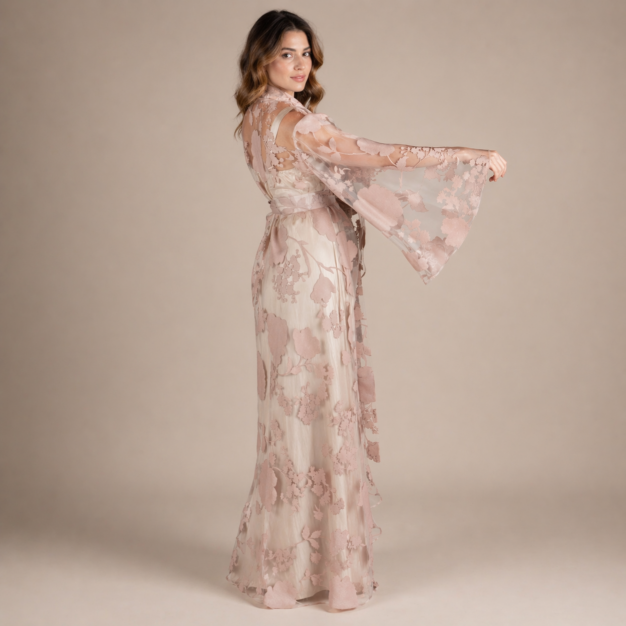 Handmade Beige Organza Robe with Floral Details