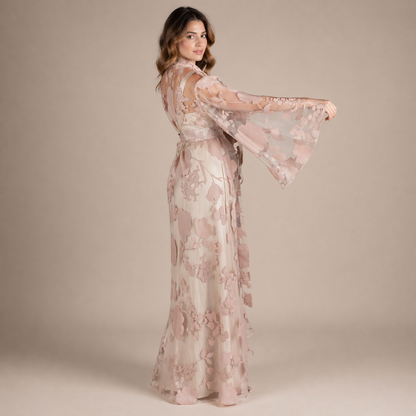 Handmade Beige Organza Robe with Floral Details