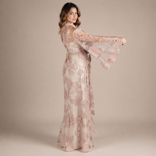 Handmade Beige Organza Robe with Floral Details