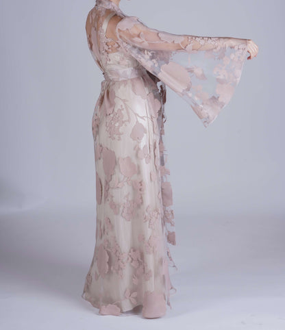 Handmade Beige Organza Robe with Floral Details
