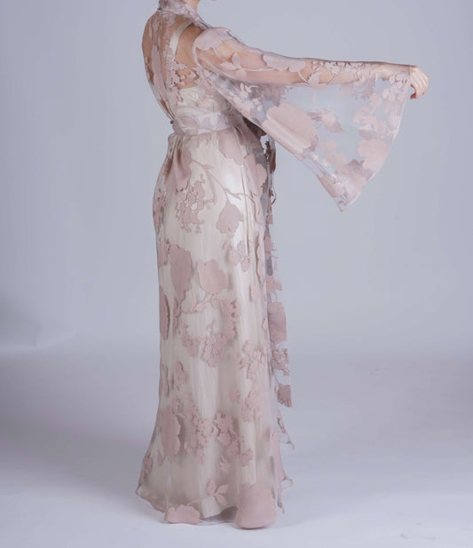 Handmade Beige Organza Robe with Floral Details