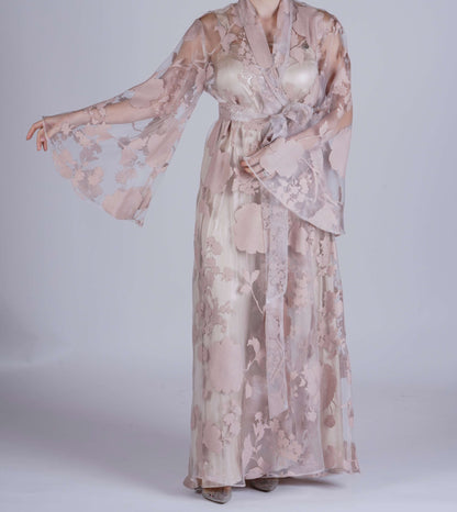 Handmade Beige Organza Robe with Floral Details