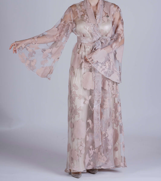 Handmade Beige Organza Robe with Floral Details