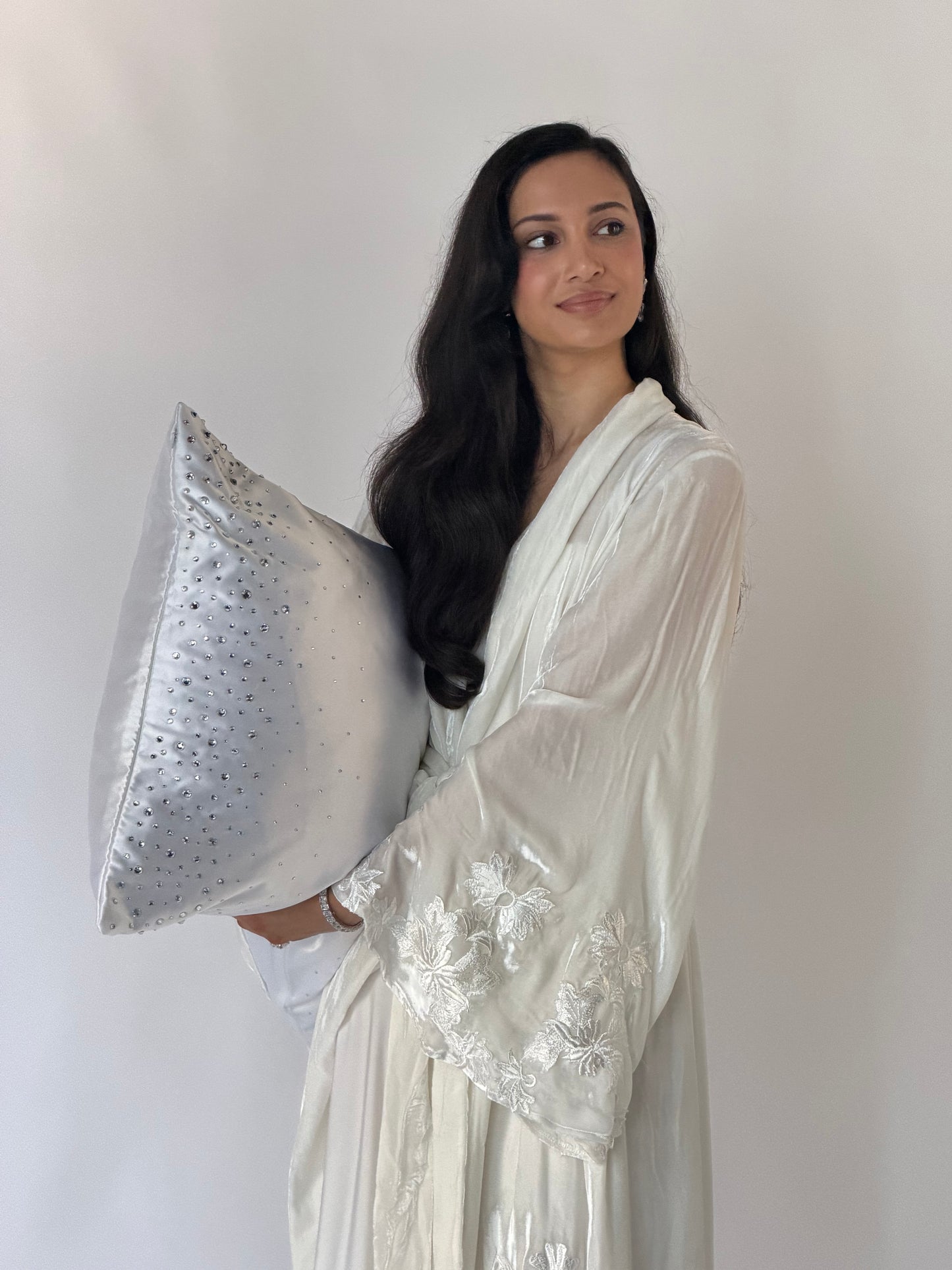 Handmade White Silk Velvet Robe with Silk Embroidery