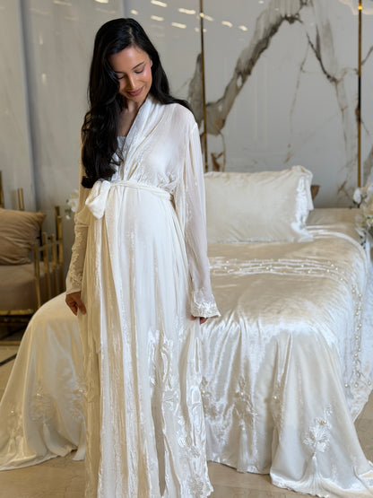 Handmade White Silk Velvet Robe with Silk Embroidery