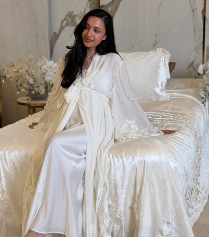 Handmade White Silk Velvet Robe with Silk Embroidery