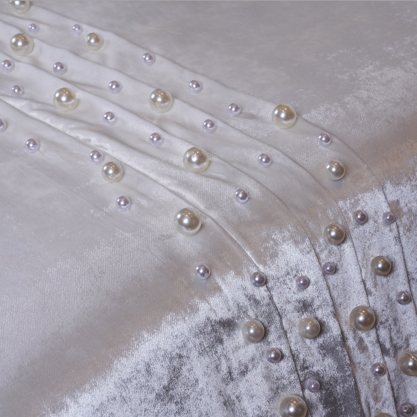 White Tassel Velvet Bedcover with Silk Embroidery, Pearls & Tassels