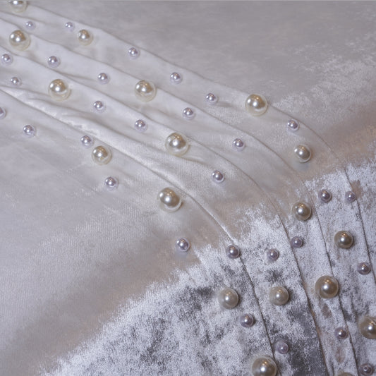 White Tassel Velvet Bedcover with Silk Embroidery, Pearls & Tassels