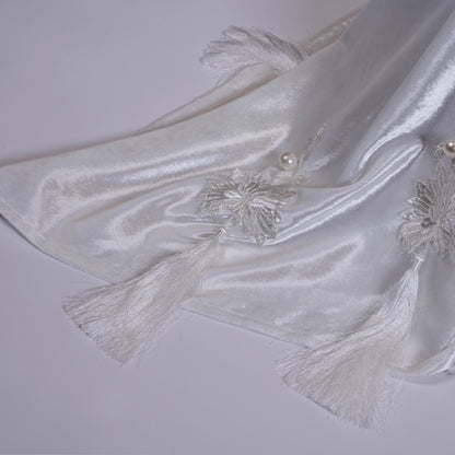 White Tassel Velvet Bedcover with Silk Embroidery, Pearls & Tassels