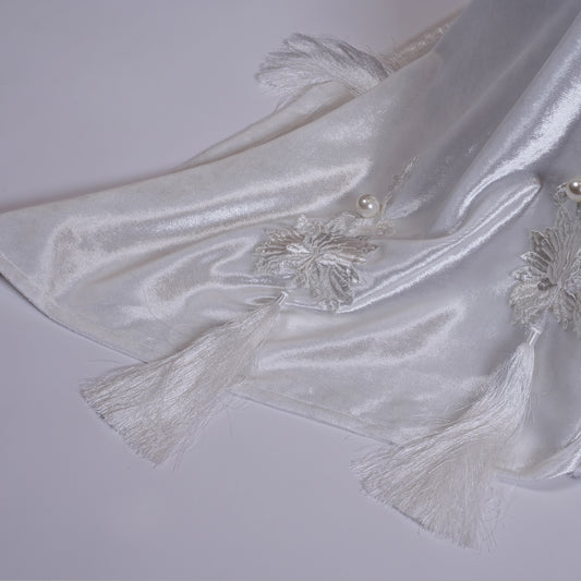 White Tassel Velvet Bedcover with Silk Embroidery, Pearls & Tassels - For Rent