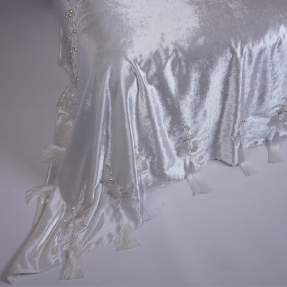 White Tassel Velvet Bedcover with Silk Embroidery, Pearls & Tassels