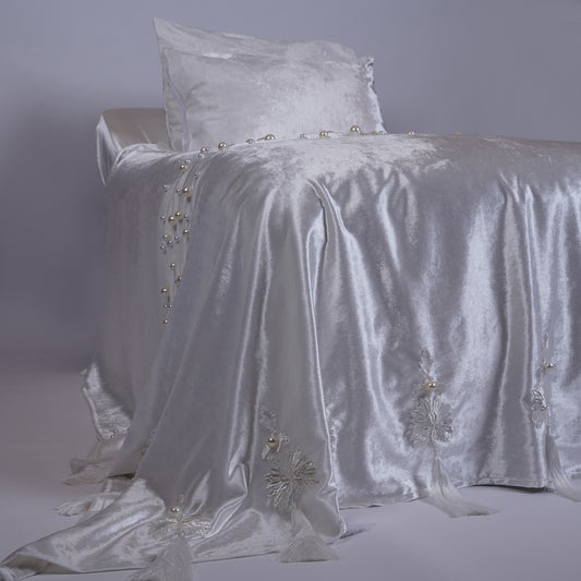 White Tassel Velvet Bedcover with Silk Embroidery, Pearls & Tassels - For Rent