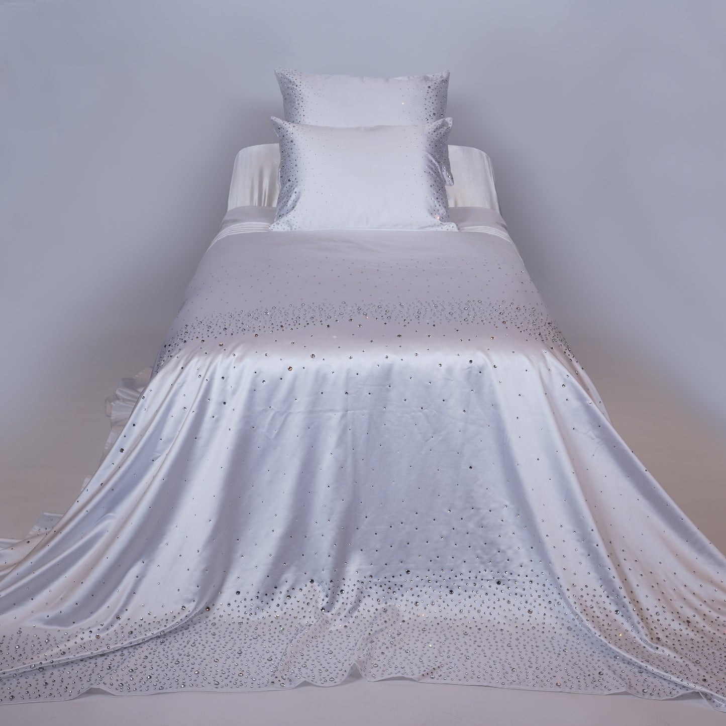 Crystal White Satin Bedcover with Hand-Set Crystals - For Rent