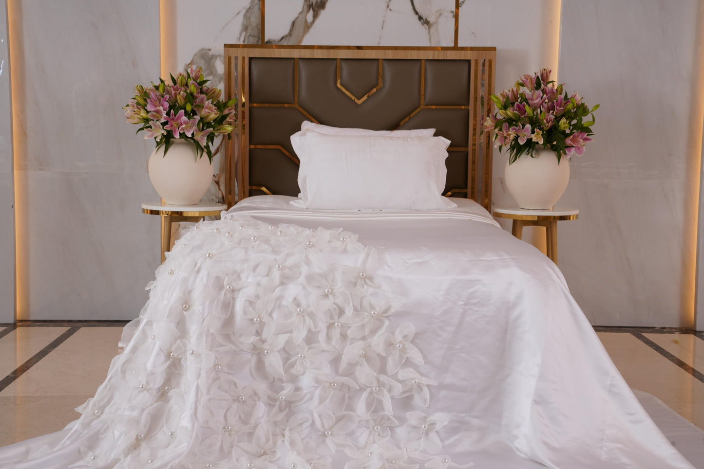 Hessa Satin Bedcover with Handmade Flowers & Pearls