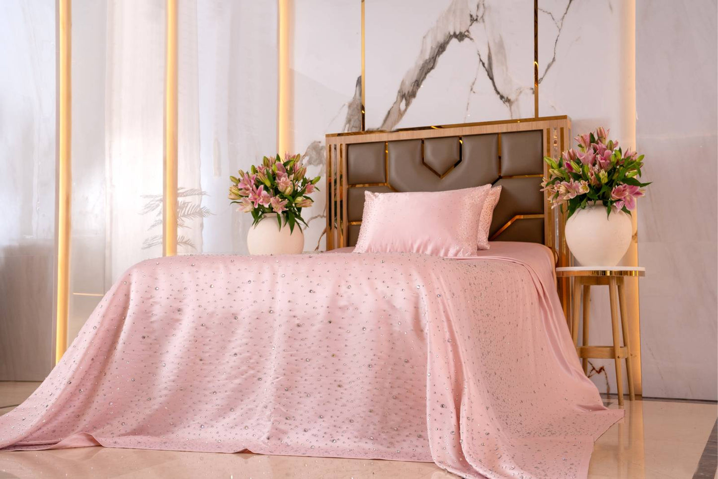 Crystal Pink Satin Bedcover with Hand-Set Crystals - For Rent