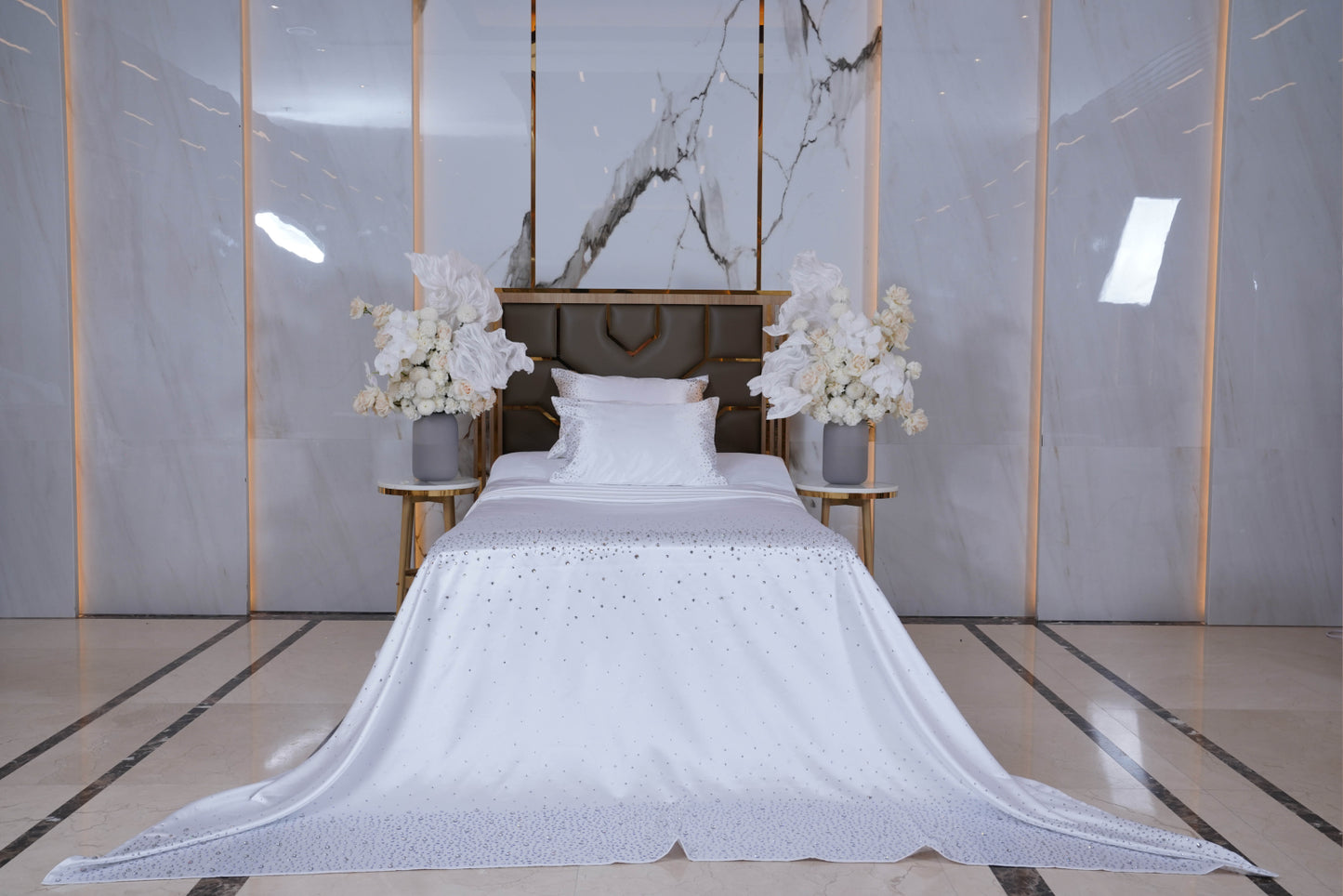 Crystal White Satin Bedcover with Hand-Set Crystals - For Rent
