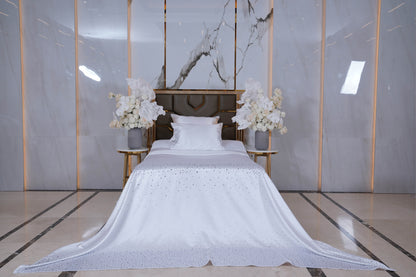 Crystal White Satin Bedcover with Hand-Set Crystals - For Rent